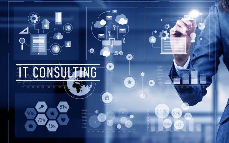Business professional interacting with virtual screens displaying cloud computing and IT consulting graphics in a futuristic setting.